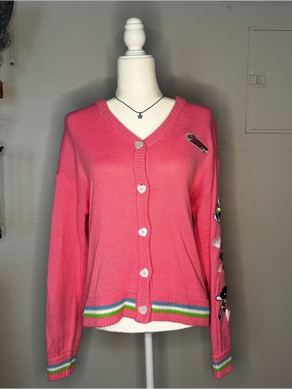Cartoon Network Powerpuff Girls Pink Heart Button Cardigan Sweater